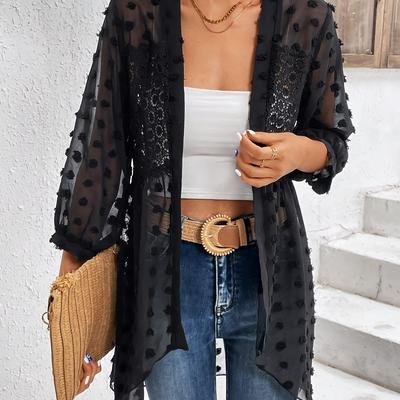 TEMU Women's Elegant Swiss Dot Open-front Cardigan With Lace Trim - Semi-sheer Length, Machine Washable, Versatile Layering Piece For Casual & Formal Outfits, Lace Cardigan Image