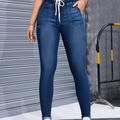 Navy Blue Drawstring Skinny Jeans, Elastic Waist Mid-stretch High Waist Tight Jeans, Women's Denim Jeans & Clothing