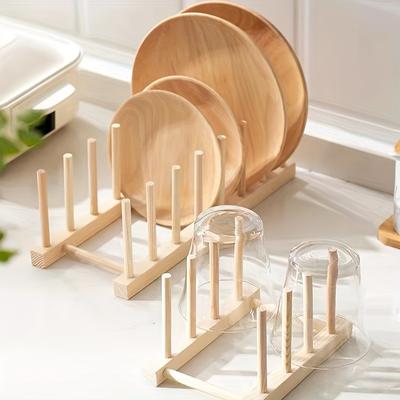 1pc Wooden Plate Racks Dish Stand Holder, Kitchen Storage Cabinet Organizer For Dish/plate/bowl/cup/pot Lid/cutting Board, Drain Rack For Kitchen Utensils, Kitchen Cabinet Organizer, Kitchen Organizer