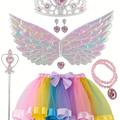 7pcs Girls' Elf Unicorn Costume Supplies: Rainbow Tutu Skirt+accessories+wing Set For Toddler Kids Halloween Costume Party Dress Up Mardi Gras