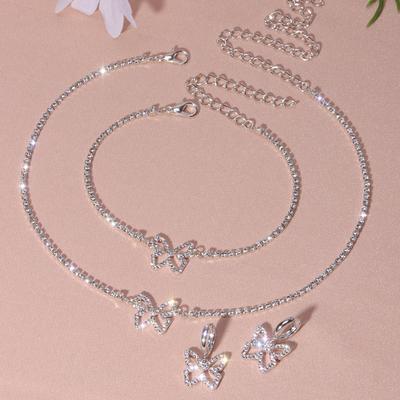TEMU Full Rhinestone Butterfly Decor Jewelry Set With Choker Necklace & Chain Bracelet & Dangle Earrings Adjustable Jewelry Set Image