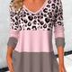 Plus Size Casual T-shirt, Women's Plus Colorblock Leopard Print Long Sleeve V Neck Slight Stretch Tunic T-shirt