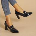 Women's Pointed Toe Court Pumps, Slip On Patent Leather Block Heels, Versatile Office Work High Heels
