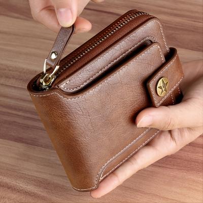 TEMU 1pc Men's Pu Leather Solid Color Business Wallet, Card Holder With Zipper & Button, Valentine's Day Gift For Men Image