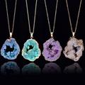 1pc Pendant Necklace Natural Agate Quartz Geode Pendant Crystal Amethyst Inlaid Gold Plated Edge Irregular Hollow Necklace