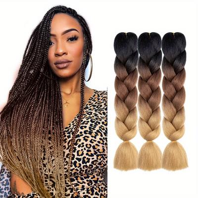 TEMU 24 Inch Synthetic Braiding Hair Extensions - 3pcs, High-temperature Jumbo Twist Crochet Braids For Women, Gradient Shades From Dark Brown To Blonde, Stylish And Long- Hairstyles Image