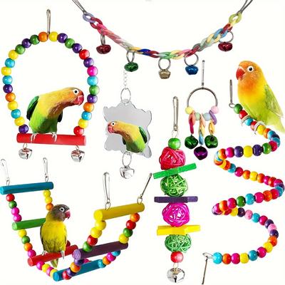 7pcs Bird Toy Set Colorful Pet Parrot Toys Swing Chewing Hanging Cage Toy With Bell Bird Cage Accessories