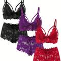 6 Pack Plus Size Sexy Lingerie Set, Women's Plus Floral Lace Scalloped Trim Bow Front Strappy Bra & Panty Lingerie 6 Piece Set