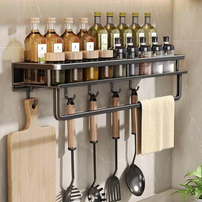 1pc, Kitchen Storage Rack, Punch-free Kitchen Rack, Wall-mounted Spice Rack, Multi-functional Seasoning Rack, Spice Storage Rack With Hooks, Kitchen Stuff