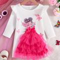 Girls Cartoon Princess With Tulle Gown Design Long Sleeve T-shirt Dress, Cute & Smart Outfit For Kids/ Toddlers, Gift Idea