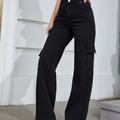 Black High Waist Straight Jeans, Flap Pockets Wide Leg Loose Fit High Rise Denim Pants, Women's Denim Jeans & Clothing