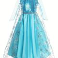 Girl's Ice Snow Princess Dress, Sequin Decor Snowflake Print Mesh Dress, Fairy Tale Character Dress For Halloween Holiday Party Prom Birthday Performance Mardi Gras