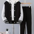 2pcs Boy's Varsity Jacket Outfit, Button Front Coat & Sweatpants Set, Color Clash Bomber Jacket, Kid's Clothes For Spring Fall Winter