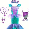 Toddler Girls Mermaid Princess Dress Costume Dress Up Halloween Party Performance Cosplay Outfit & Crown & Necklace Bracelet Ring & Sequins Bag Accessories Set