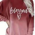 Plus Size Casual Sweatshirt, Women's Plus Ombre & Letter & Heart Print Raglan Sleeve Round Neck Slight Stretch Pullover Sweatshirt