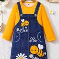 Cute Bee Print Suspender Spliced Dress For Girls, Round Neck Long Sleeve Casual Dress