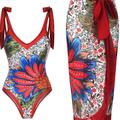Allover Floral Print Tie Shoulder Bathing Suit With Tie Side Wrap Maxi Cover Up Dress, Deep V Neck Contrast Trim Elegant 2 Piece Swimsuit, Women's Swimwear & Clothing