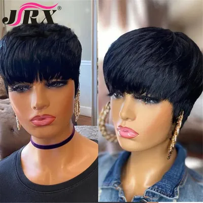 Pixie Cut Short Human Hair Wigs Wave Wavy Hair Full Machine Made Wigs Black Color Peruvian Remy