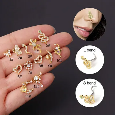 1Pcs New Fashion S L Shaped Nose Studs Piercing Stainless Steel 20G Snake Zircon Nostril Screw