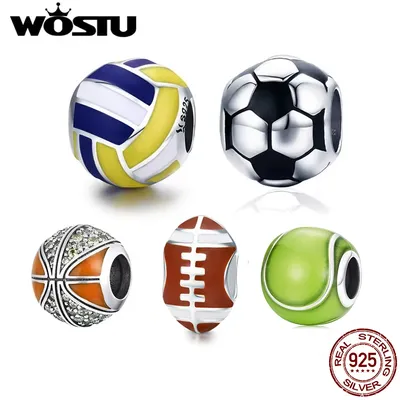 WOSTU 925 Sterling Silver Charm Tennis Ball Volleyball Football Bead Pendant Fit Original Bracelet