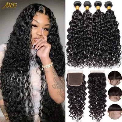Malaysian Water Wave Bundles With Closure Wet and Wavy Curly Human Hair Bundles With Frontal Closure