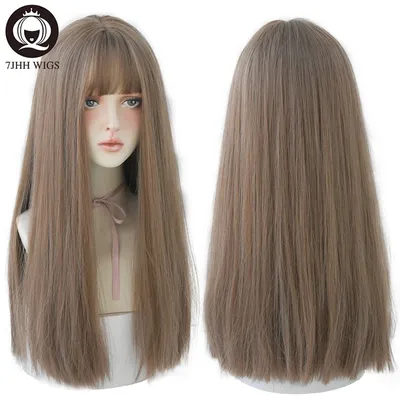7JHHWIGS Long Straight Synthetic Light Brown Wigs With Bang For Women Heat-Resistant Daily Use Hair