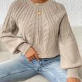 Pull À Col Rond Uni, Pull Décontracté En Tricot À Volants Et Manches Lanterne Pour L'automne Et L'hiver, Vêtements Pour Femmes