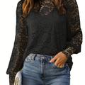 Cutout Floral Lace Mock Neck Blouse, Chemisier À Col Montant En Dentelle Florale, Chemisier À Manches Longues Décontracté Pour Le Printemps Et L'automne, Vêtements Pour Femmes