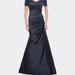 La Femme Off the Shoulder Satin and Lace Mermaid Pleated Gown - Blue - 6