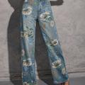 Jean droit à motif floral lavé, pantalon en denim à poches en biais et coupe ample, jeans en denim et vêtements pour femmes