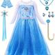 Costume De Reine Elsa Pour Fille, Robe Elsa, Vêtements De Princesse Cosplay Pour Fête D'halloween Avec Perruque, Couronne, Masse, Gants, Accessoires