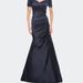 La Femme Off the Shoulder Satin and Lace Mermaid Pleated Gown - Blue - 18