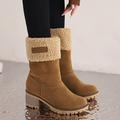 Bottes d'hiver mi-mollet à talon carré pour femmes, chaussures fourrées à bout rond et talon carré, chaussures d'hiver chaudes sans lacets