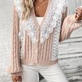 Cardigan Boutonné Avec Appliques De Dentelle, Pull Décontracté En Tricot Torsadé À Manches Longues, Vêtements Pour Femmes