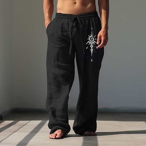 Herren Grafik Stammes Hosen Hose Mittlere Taille Lässig Urlaub Alltagskleidung Ausgehen Frühling Herbst Schwarz Weiß Grün Image