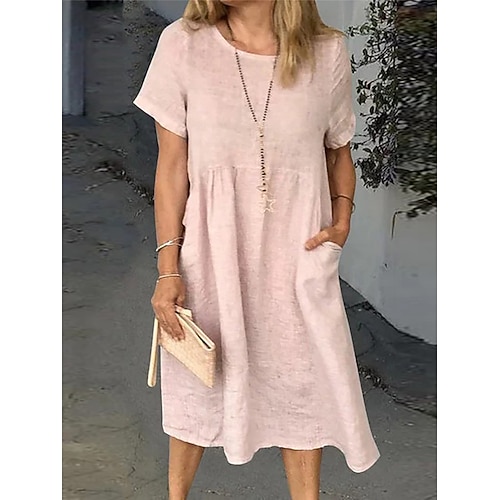 Damen Midikleid Kunstbaumwollleinen Shiftkleid Weißes Kleid Freizeitkleid Basic Modern Täglich Wochenende Lässiger Schnitt Einfach Kurzarm Rundhalsausschnitt Blau Weiß Rosa Marineblau Sommer Frühling Image