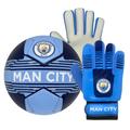 Manchester City Junior Size 4 Football & Goalkeeper Goalie Gloves Set OFFICIAL