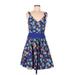 Plenty By Tracy Reese Casual Dress - Fit & Flare V Neck Sleeveless: Blue Print Dresses - Women's Size 8