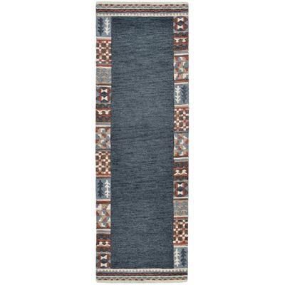 Läufer THEKO "Nuno, reine Wolle, handgearbeitet, mit Bordüre" Gr. 13, blau (dunkelblau), B:90cm H:14mm L:250cm, Wolle, Teppiche, handgetuftet, Brücke, Wohnzimmer, Schlafzimmer, Esszimmer Image