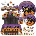 Serves 24 Complete Party Pack Cute Halloween Cats Monsters and Ghosts Includes Plates Cups Napkins Table Cover Balloons Picks Curtains Banner Halloween Party Decorations Halloween Party Supplies