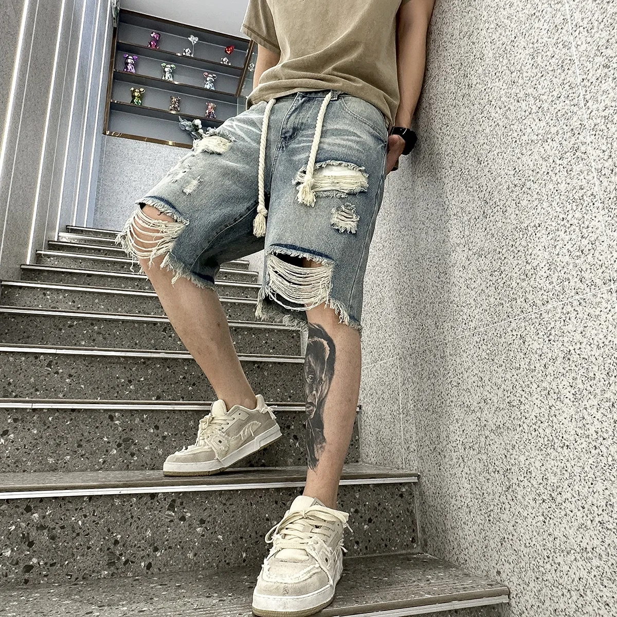 Männer Sommer dehnbare Jeans shorts Jeans für Männer Streetwear-Stil zerrissene Jeans shorts mit High Stretch Knie Baggy Comfort Hose