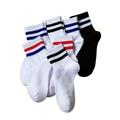 1pair Men's Vintage 2 Stripes Sports Ankle Socks Streetwear Hiphop Skate Athletic White Black Shcool Designer Punk Boy