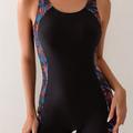 Leaf Print Patchwork Maillot De Bain Une Pièce, Col En Scoop Haute Élasticité Sports Aquatiques Compétitifs Maillot De Bain Une Pièce, Vêtements De Bain Et De Natation Pour Femmes