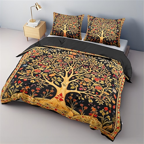 Mittelalterliches Bettbezug-Set mit Baum-des-Leben-Muster, weiches 3-teiliges Luxus-Baumwoll-Bettwäsche-Set, Heimdekoration, Geschenk, King-Size-Bettbezug Image