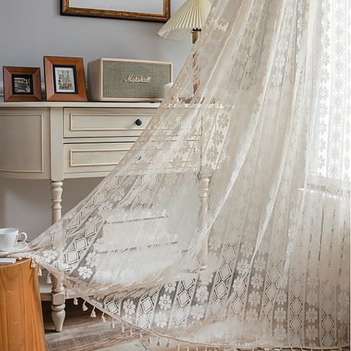 Boho-Spitzen-Fenstervorhang mit Quaste, Vintage-Blumen- und geometrische Häkelvorhänge, lichtfilternde Stangentaschen-Fenstervorhänge für Schlafzimmer und Wohnzimmer, 1 Panel Image