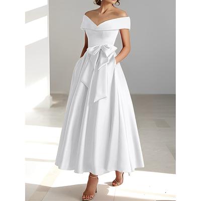 TS A-Line Cocktail Dresses Elegant Dress Wedding Guest Kentucky Derby Tea Length Short Sleeve Off Shoulder Pocket Satin with Bow(s) 2025