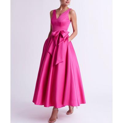 TS Beach Wedding A-Line Cocktail Dresses Elegant Dress Wedding Guest Kentucky Derby Tea Length Sleeveless V Neck Pocket Satin with Bow(s) 2025