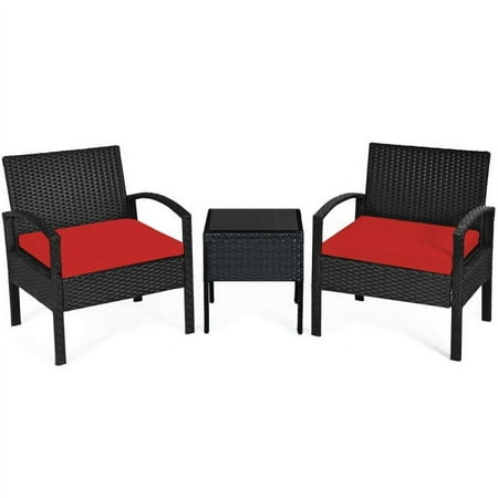 Spaco 3 Piece Patio Conversation Bistro Set Balcony Furniture Outdoor Rattan Patio Chairs Set with Side Table Rattan Patio Set for Garden Porch Yard Red