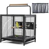 25.5 Iron Bird Travel Carrier Cage Parrot Cage with Handle Wooden Perch & Seed Guard for Small Parrots Canaries Budgies Parrotlets Lovebirds Conures Cockatiels