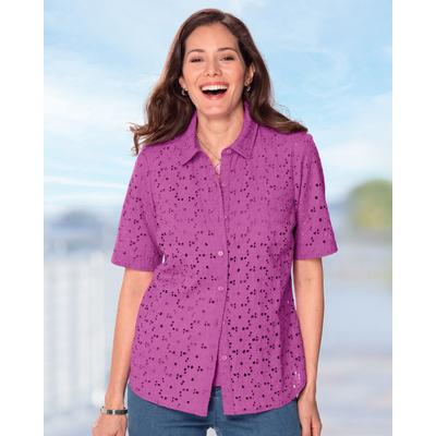 Appleseeds Women's Cotton Eyelet Elbow-Sleeve Shirt - Purple - 16 - Misses